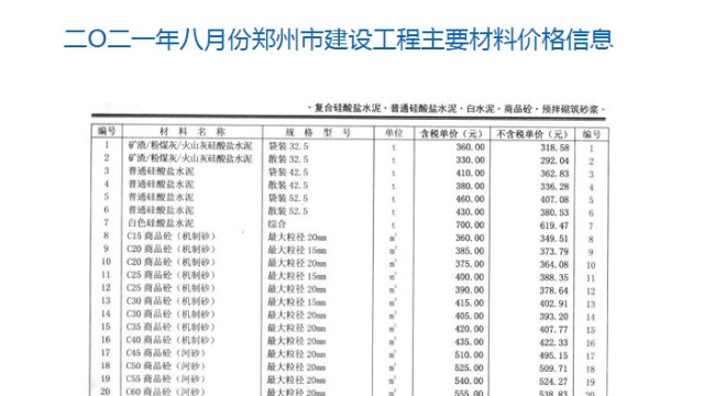 2021年8月份鄭州市商品混凝土信息價
